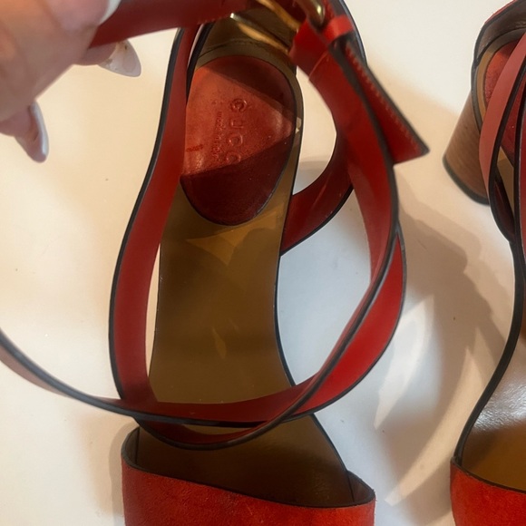 Gucci Authentic 7 US 37 EU Red Orange Leather GG Marmont Sandals Shoes Heels - Picture 9 of 14